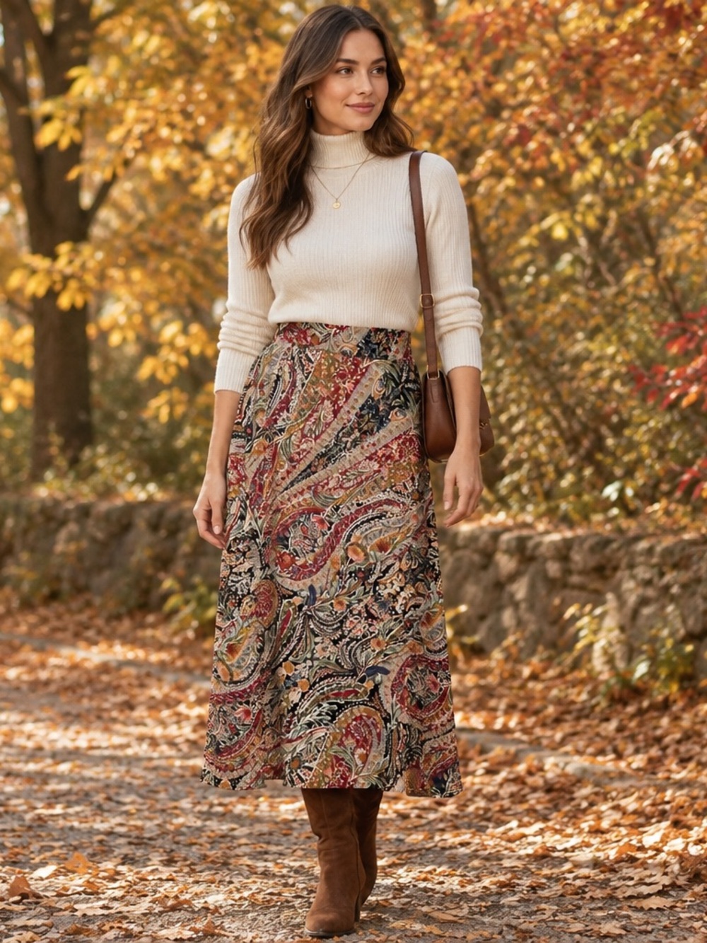 Vince Camuto Women’s Paisley Floral Midi Skirt Size XL Boho A-Line Elastic Waist